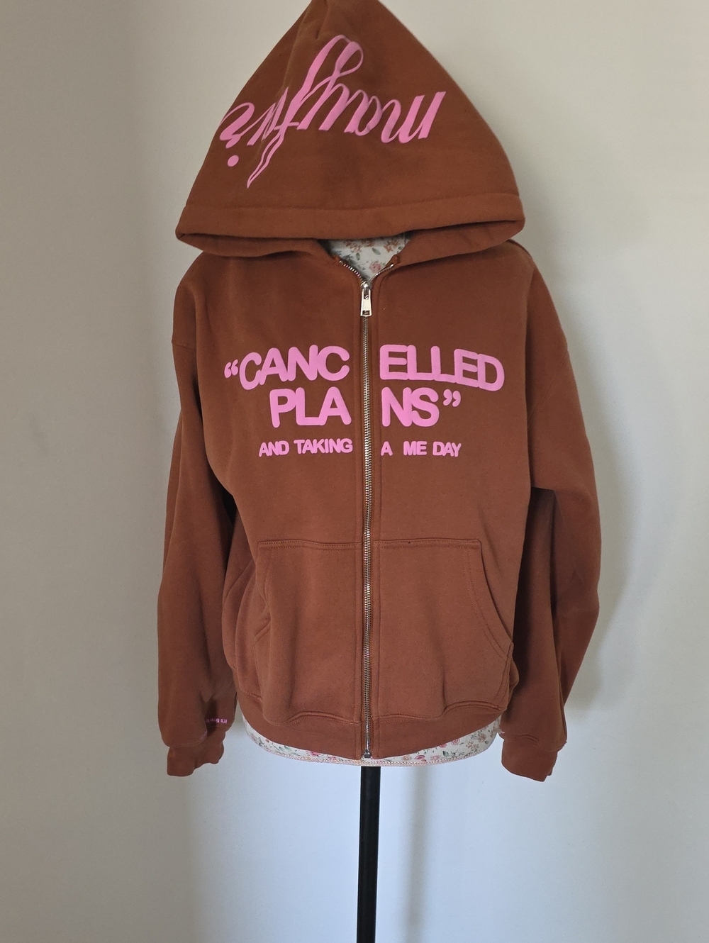 Brown Hooded Puffer Jacket with Pink Graphic Zip Size M/L